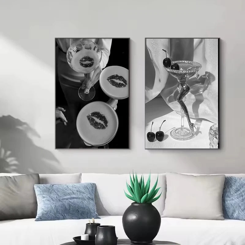 Black and white art print featuring high heels on a canvas against a dark background.