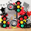 A set of black and red race car traffic light balloons with checkered patterns and various colored balloons.