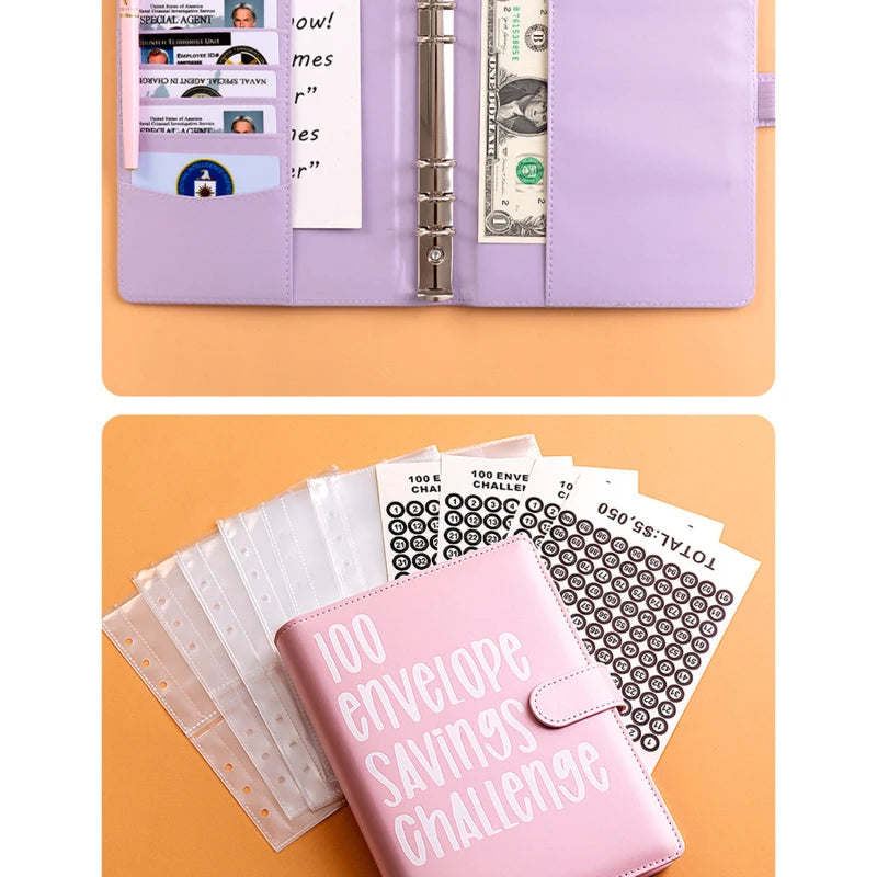 A pink budget savings binder filled with cash envelopes and various paper documents.