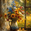 A still life painting featuring a bouquet of wildflowers in a ceramic vase set against a window frame.