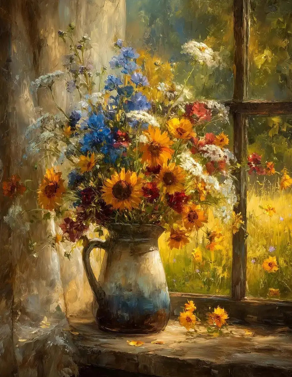 A still life painting featuring a bouquet of wildflowers in a ceramic vase set against a window frame.