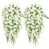 A pair of artificial morning glory hanging vines with white flowers used for home and wedding decor.