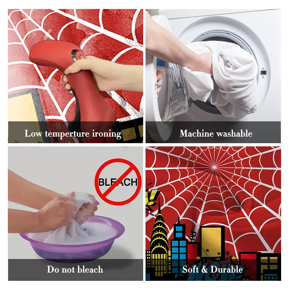 A set of products including a low temperature iron, a machine washable item, a warning against bleach, and a soft durable ite