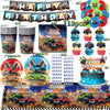 Monster truck birthday party decoration kit featuring trucks, tableware, and a backdrop for a celebration.
