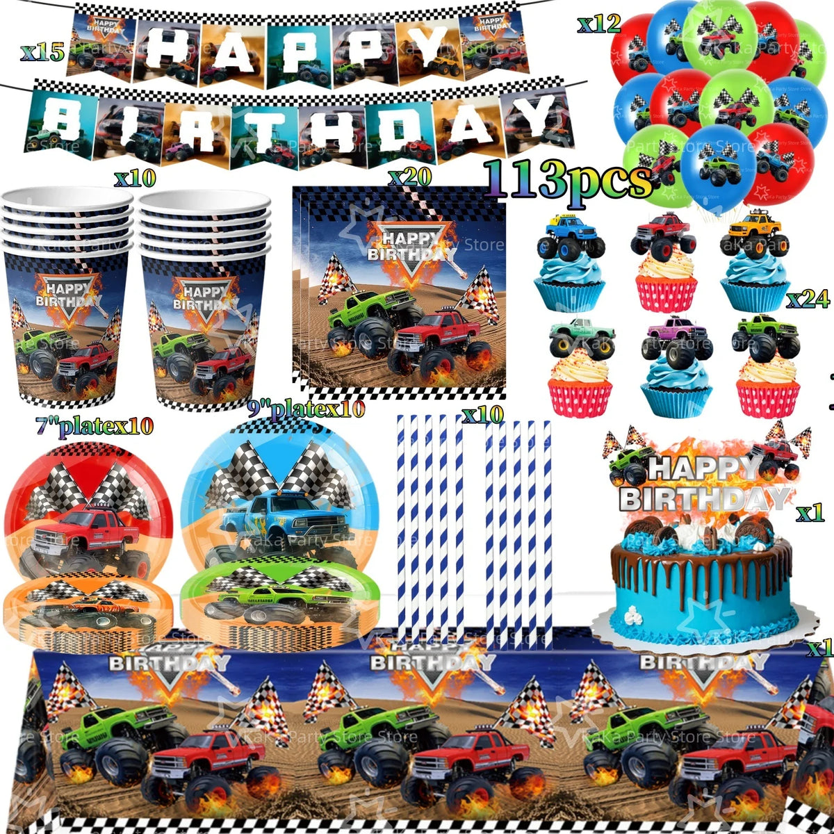 Monster truck birthday party decoration kit featuring trucks, tableware, and a backdrop for a celebration.