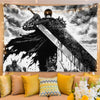 A black and white tapestry featuring a fierce berserker figure with a sword, suitable for bedroom decor.