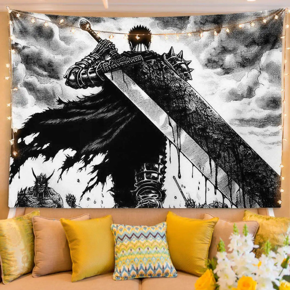 A black and white tapestry featuring a fierce berserker figure with a sword, suitable for bedroom decor.
