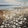 A retro oil painting featuring a field of white daisies and tall grasses under a cloudy sky.
