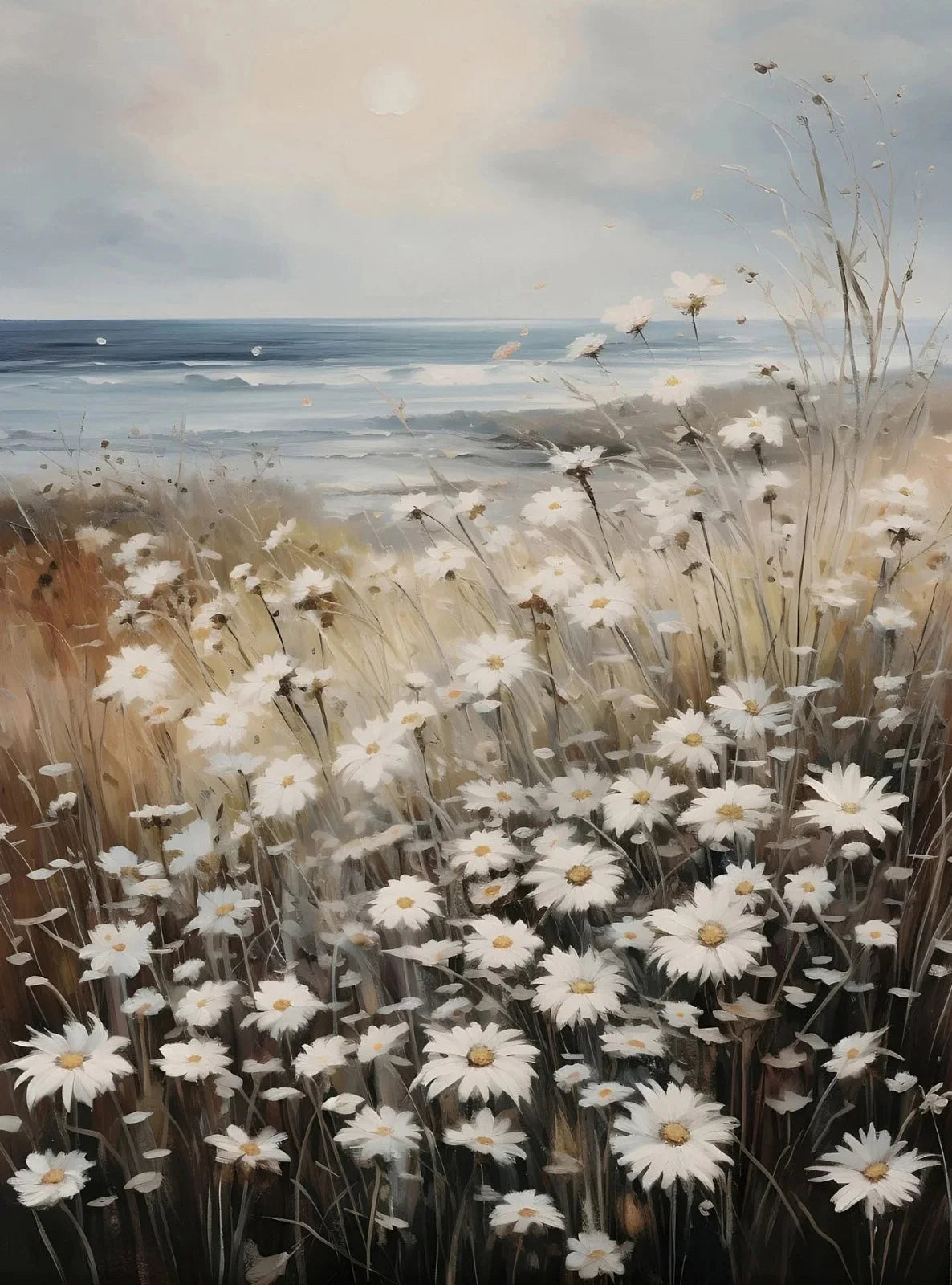 A retro oil painting featuring a field of white daisies and tall grasses under a cloudy sky.