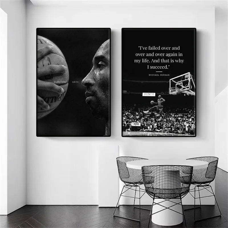 A framed piece of wall art featuring a black and white photograph of a basketball player's profile and text about success.