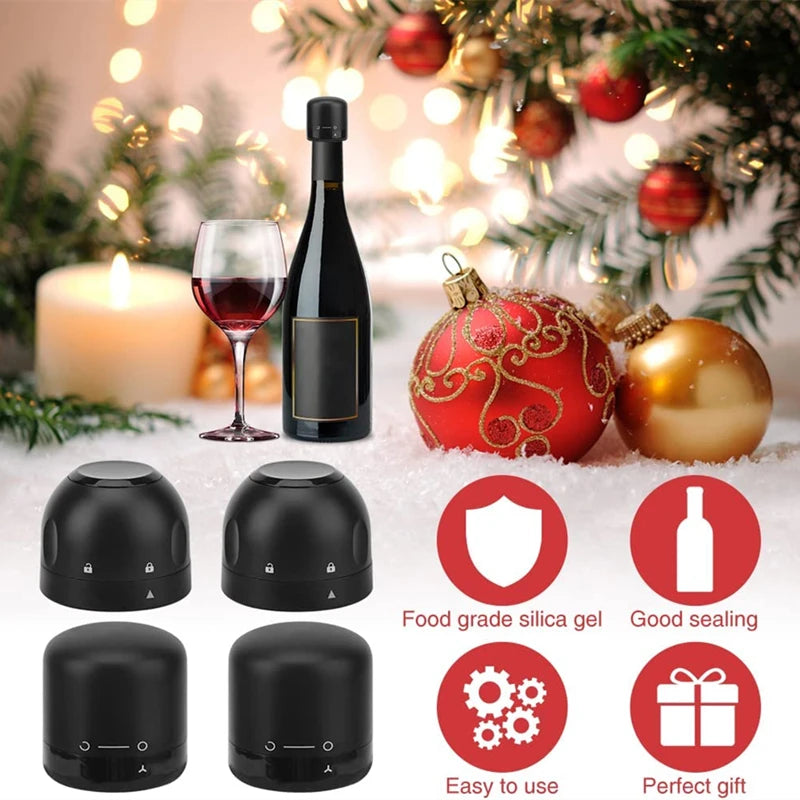 Black reusable silicone wine bottle stopper with rotating lock and various sealing features
