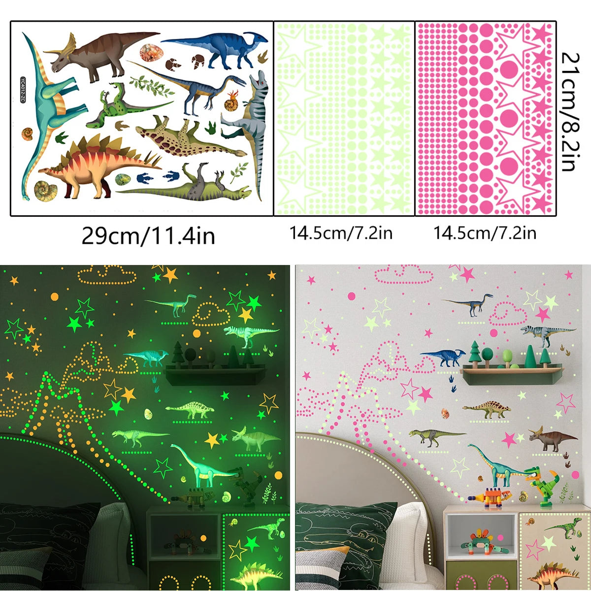Glow-in-the-dark dinosaur wall stickers for kids' rooms featuring various dinosaurs and foliage patterns.