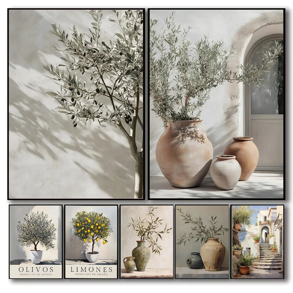 A collection of oil paintings depicting olive trees and lemon branches in various styles and contexts.