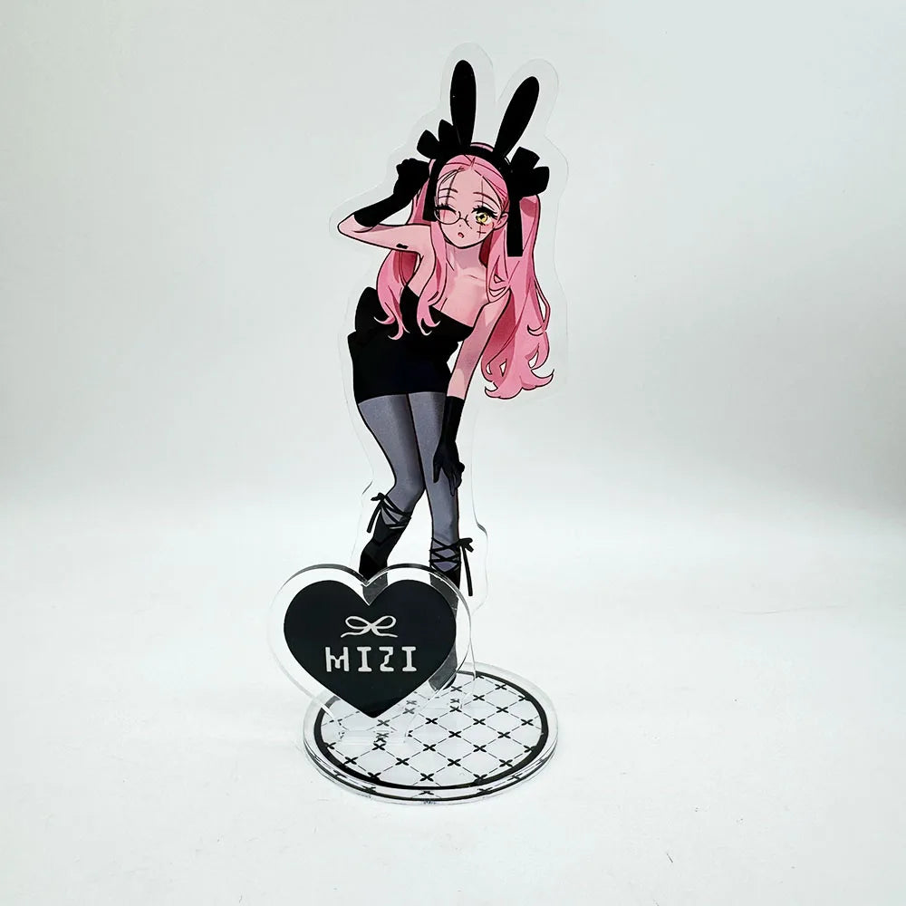 Acrylic keychain set featuring an anime character pendant of a pink-haired girl with black ears and dark clothing.