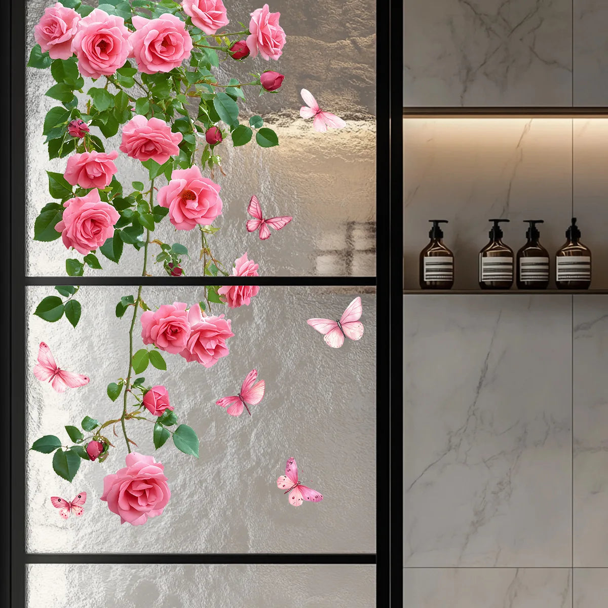 A window decal featuring pink roses and butterflies against a light background.