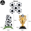 A set of three inflatable soccer balls and a gold trophy decoration for party decor