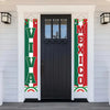 A black front door decorated with vertical banners featuring the words VIVA and MEXICO in red, green, and white.