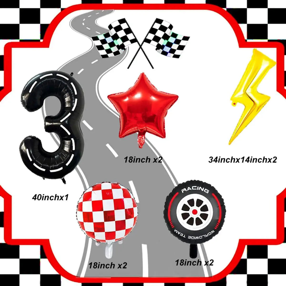 A set of nine foil balloons including a number three, a star, and various checkered flag shapes for a birthday party decorati
