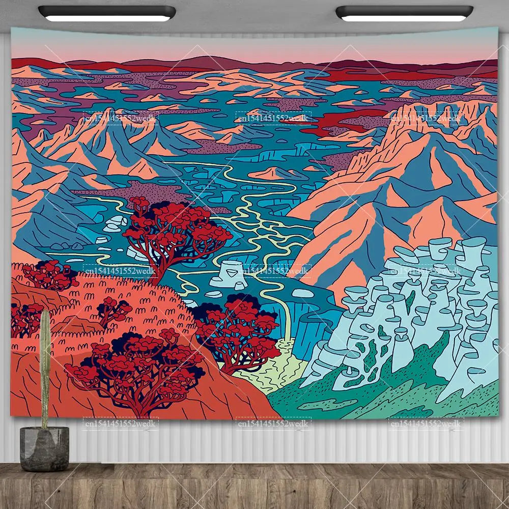 A tapestry wall hanging depicting a vibrant, stylized landscape with mountains, rivers, and colorful terrain.