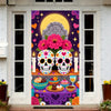 A door cover featuring a vibrant sugar skull design with pink flowers and a yellow sun background.