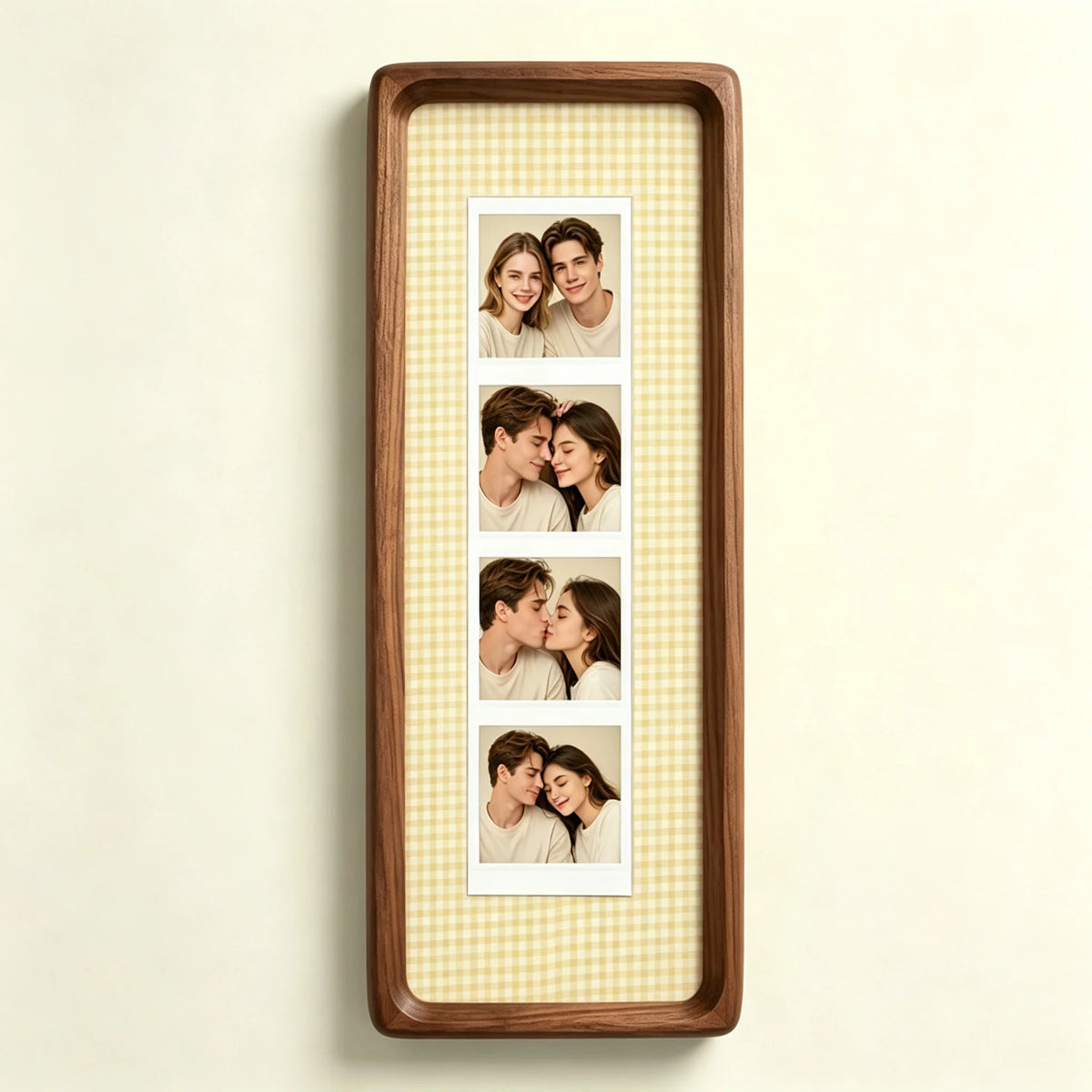 A vertical photo strip frame with a walnut wood border and a yellow gingham background, displaying six portrait photos of a c