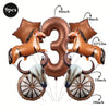 A set of foil balloons shaped like the number 3 featuring horses and wooden wheels in a bronze color.