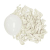 A bunch of pale beige or ivory latex balloons scattered on a white background.