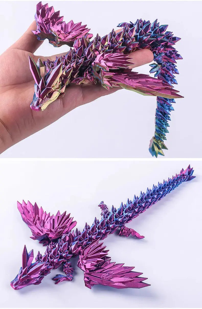 A hand holds a purple and pink 3D printed articulated dragon fidget figurine with spiky scales.