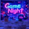A vibrant purple and blue neon sign reads Game Night displayed on a wall, with a game controller in the foreground.