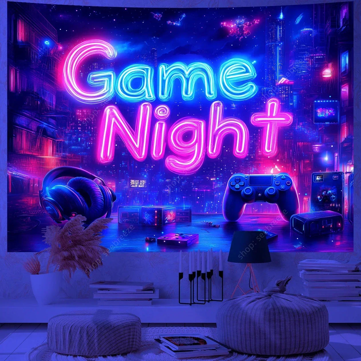 A vibrant purple and blue neon sign reads Game Night displayed on a wall, with a game controller in the foreground.