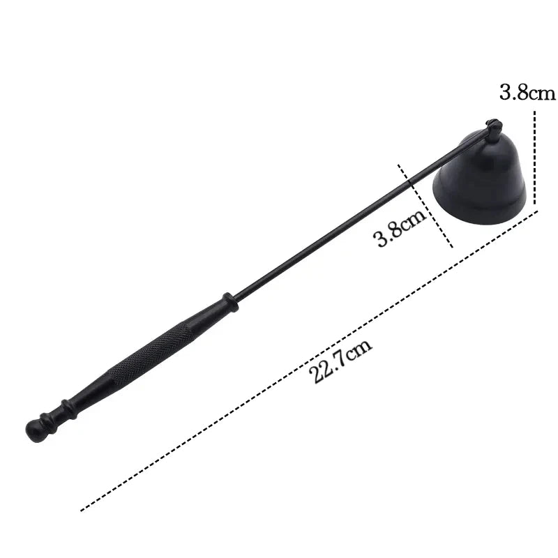 A black stainless steel candle extinguisher tool with a long handle and a rounded head.