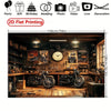 A 2D flat printing banner featuring a vintage motorcycle garage interior with wooden floors and bikes.