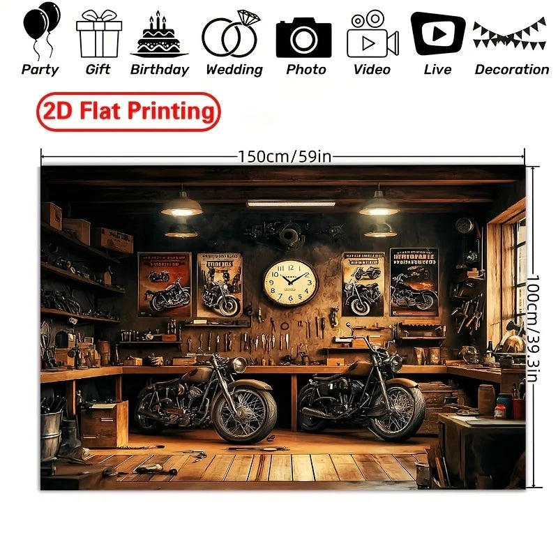 A 2D flat printing banner featuring a vintage motorcycle garage interior with wooden floors and bikes.