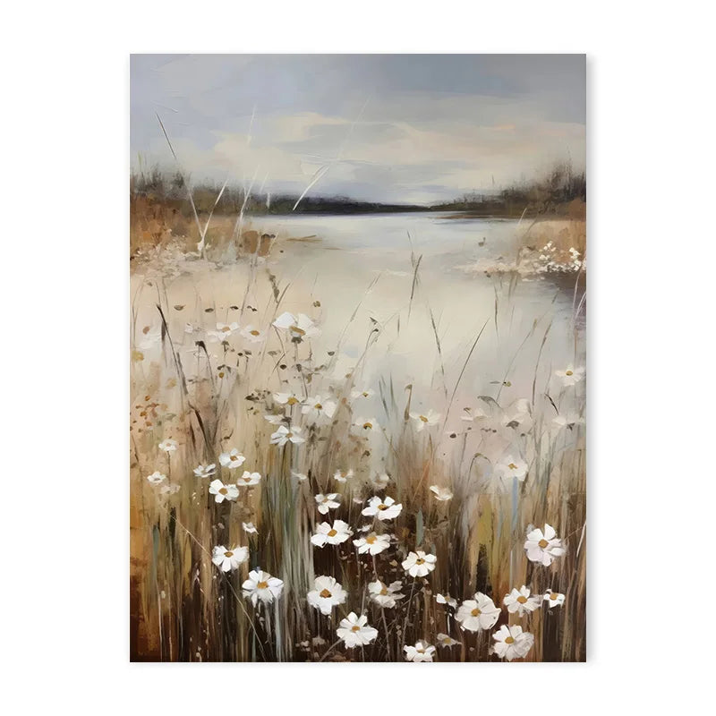A painting depicting a misty landscape with tall grasses and white wildflowers in the foreground.
