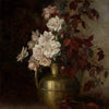 A still life painting featuring white and pink roses in a golden vase against a dark, moody background.