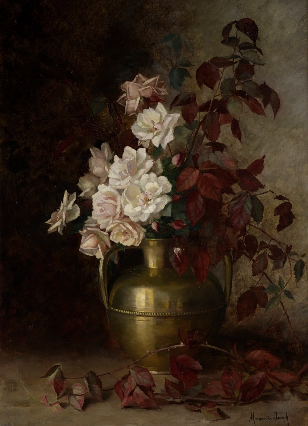 A still life painting featuring white and pink roses in a golden vase against a dark, moody background.