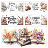 A set of decorative stickers featuring books, flowers, and butterflies on a light background.