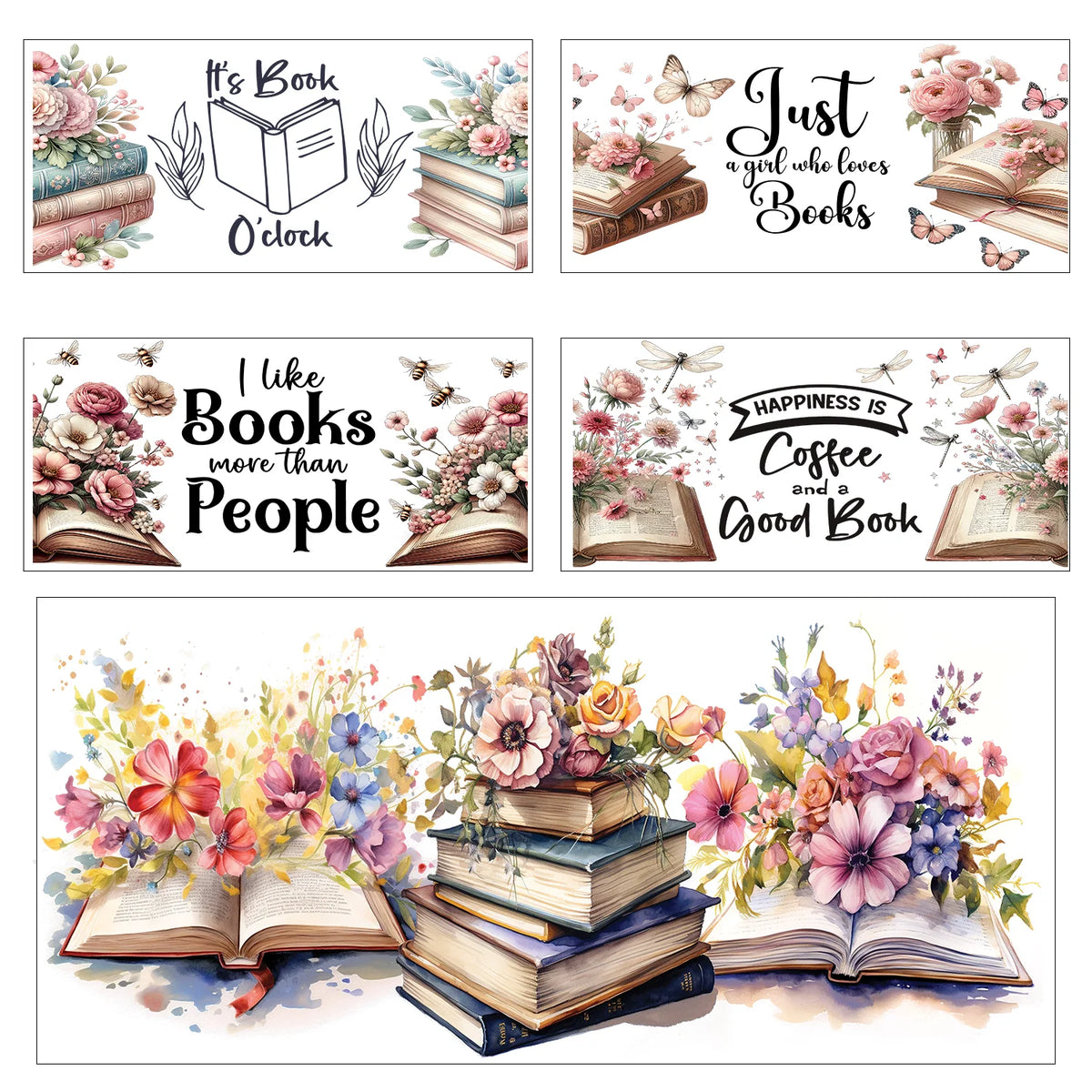 A set of decorative stickers featuring books, flowers, and butterflies on a light background.