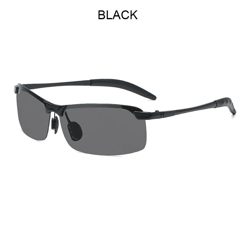 Black men's photochromic polarized driving sunglasses with an alloy frame.