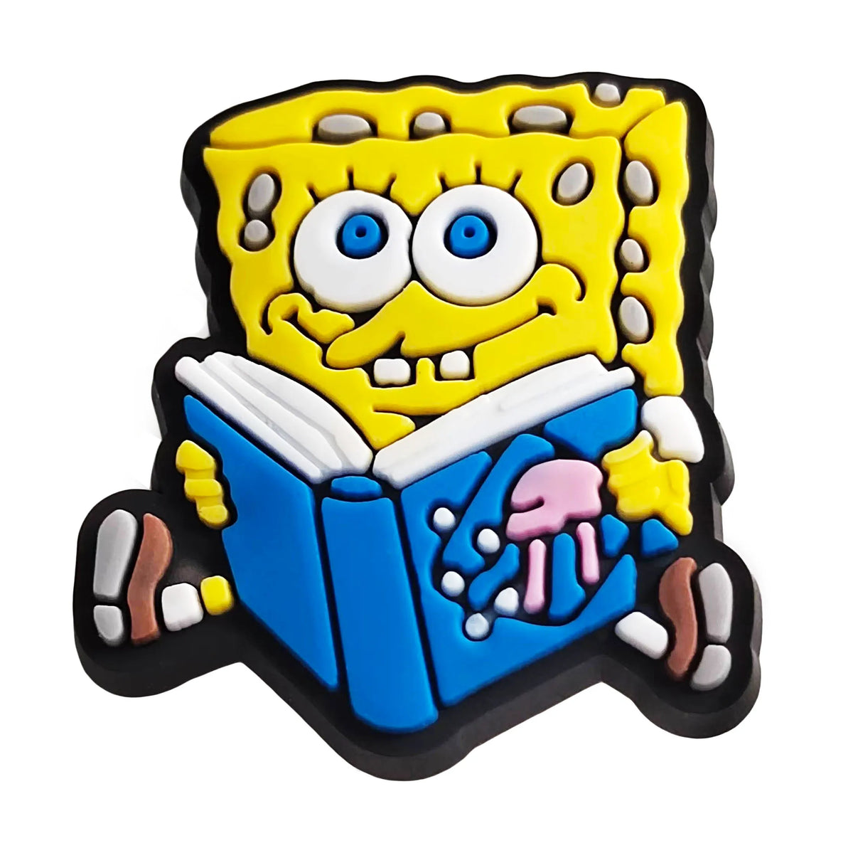 A yellow SpongeBob SquarePants face charm with large eyes and a book, set in black and blue.