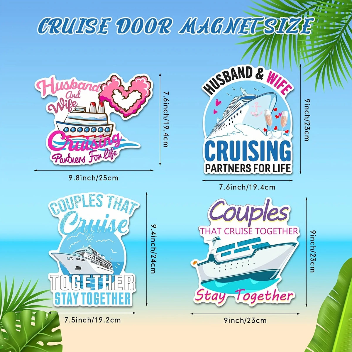A set of magnetic cruise door decorations featuring designs for husbands and wives and couples who cruise together