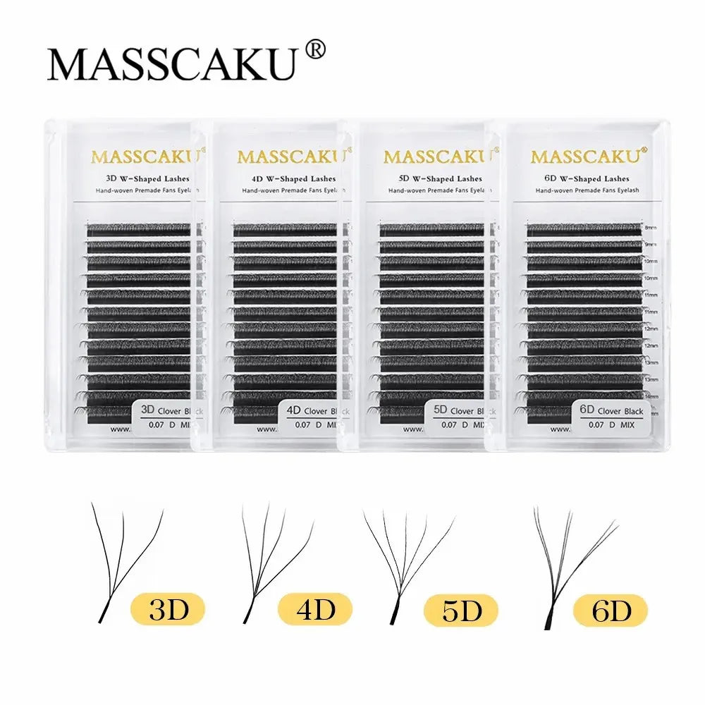 A set of Masscaku eyelash clusters in various lengths, including 3D, 4D, 5D, and 6D, displayed next to individual lash cluste