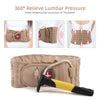 A beige inflatable lumbar support belt is shown with various correction angles and a handheld device.