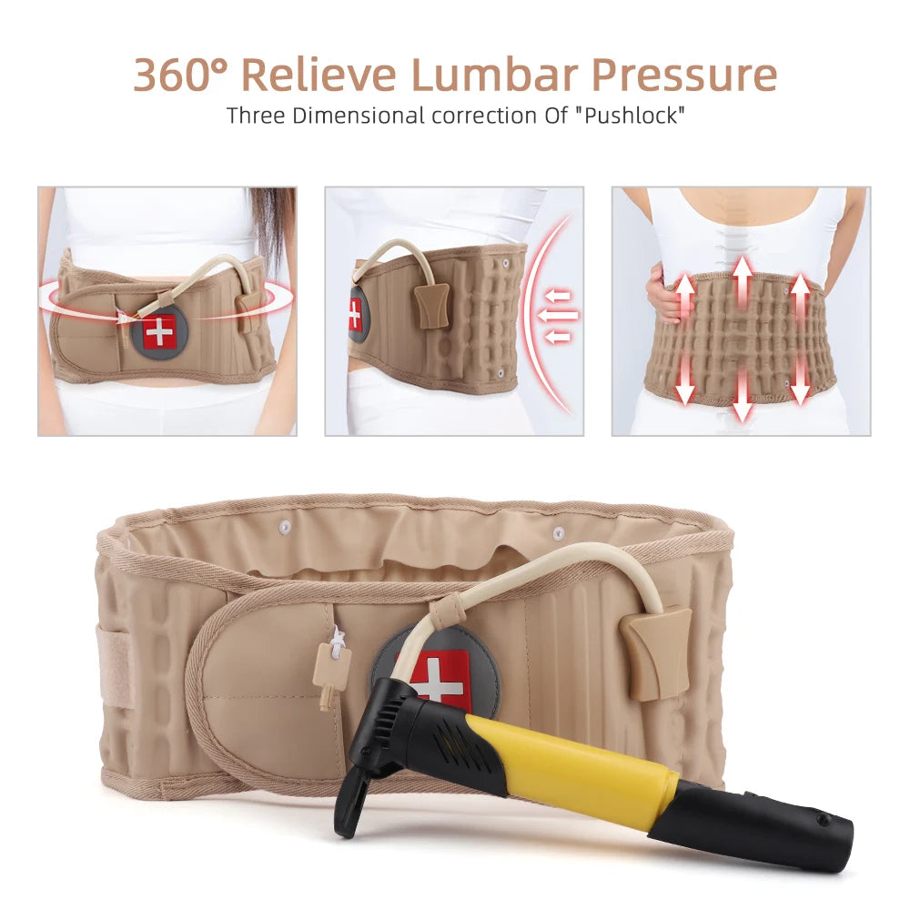 A beige inflatable lumbar support belt is shown with various correction angles and a handheld device.