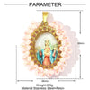 A gold-plated stainless steel pendant featuring a Virgin Mary figure surrounded by pink beads and resin.