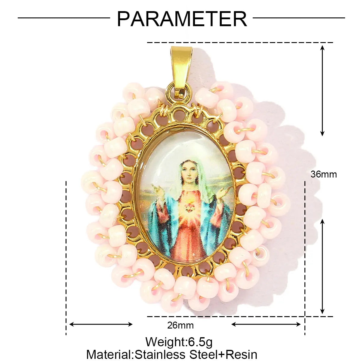 A gold-plated stainless steel pendant featuring a Virgin Mary figure surrounded by pink beads and resin.