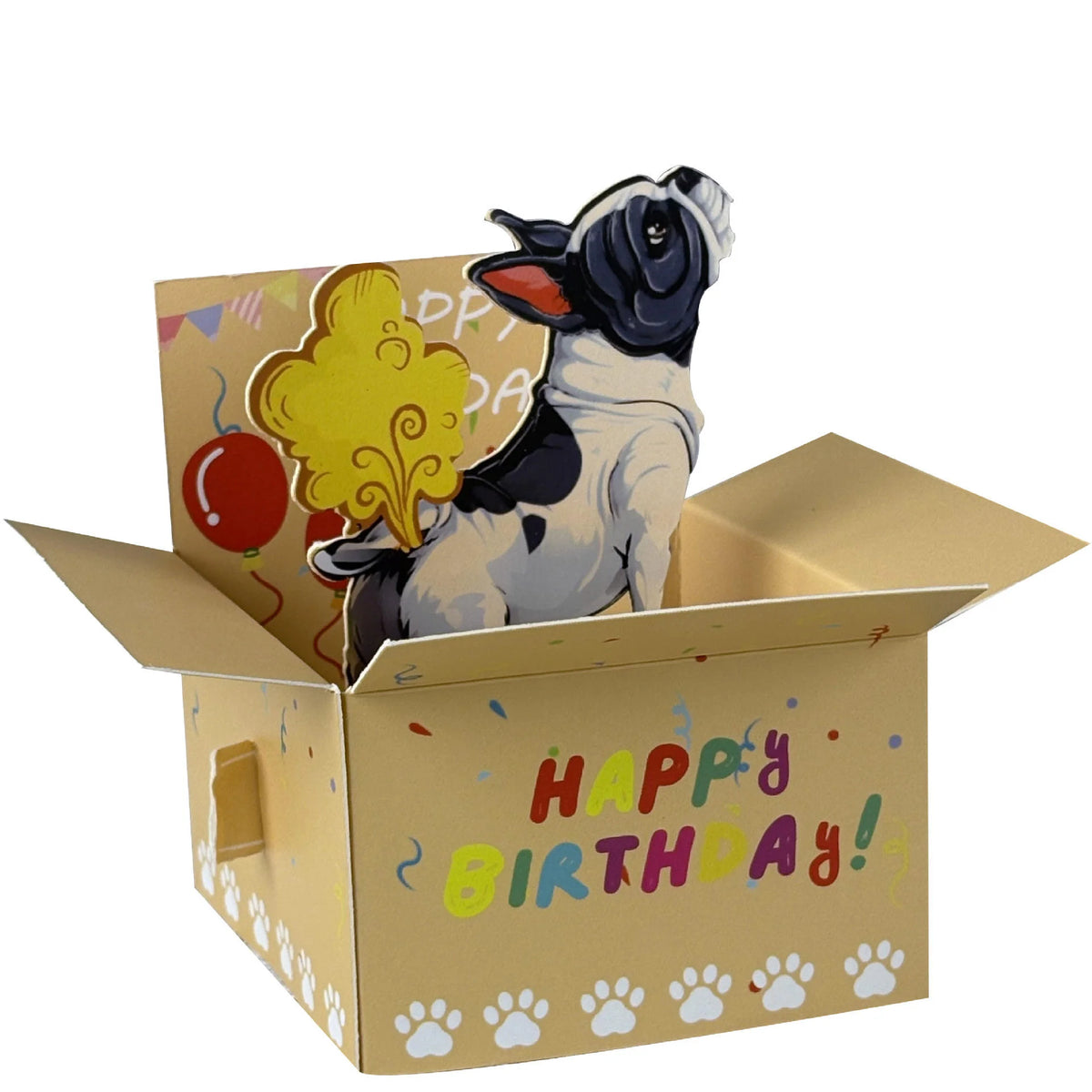 A humorous 3D pop-up birthday card featuring a dog character and colorful confetti.