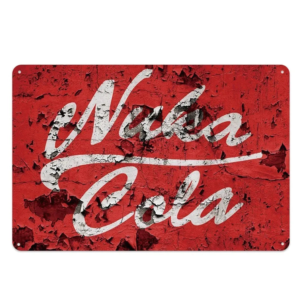 A vintage rusty red metal wall sign with white script lettering that reads Nuka Cola.