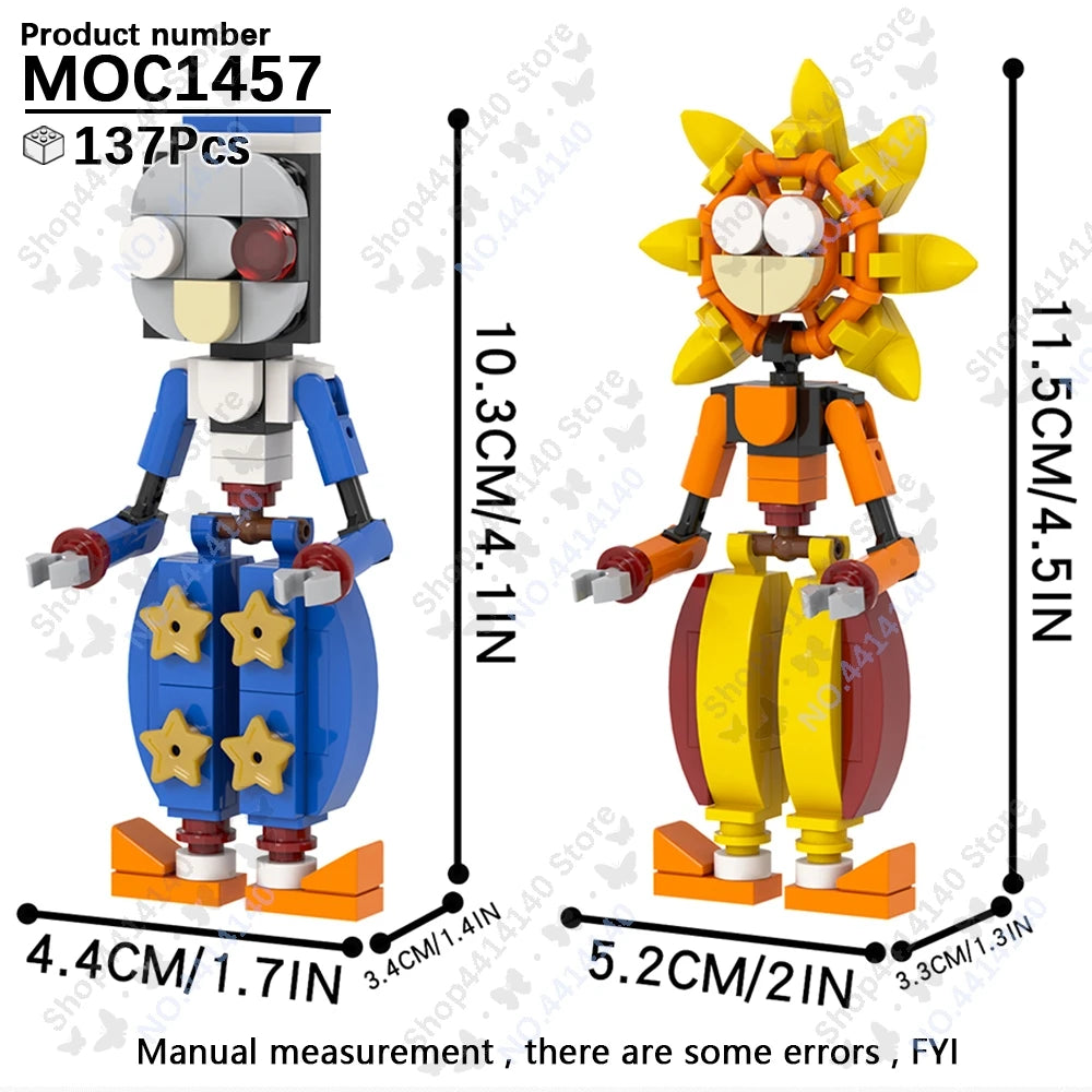 A yellow and orange Five Nights at Freddy's building block model figure shown with manual measurements.