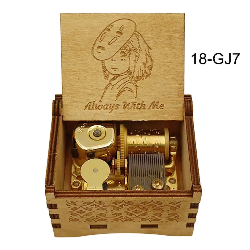 A wooden box containing a brass music box and an illustration of a character, labeled 18-GJ7.